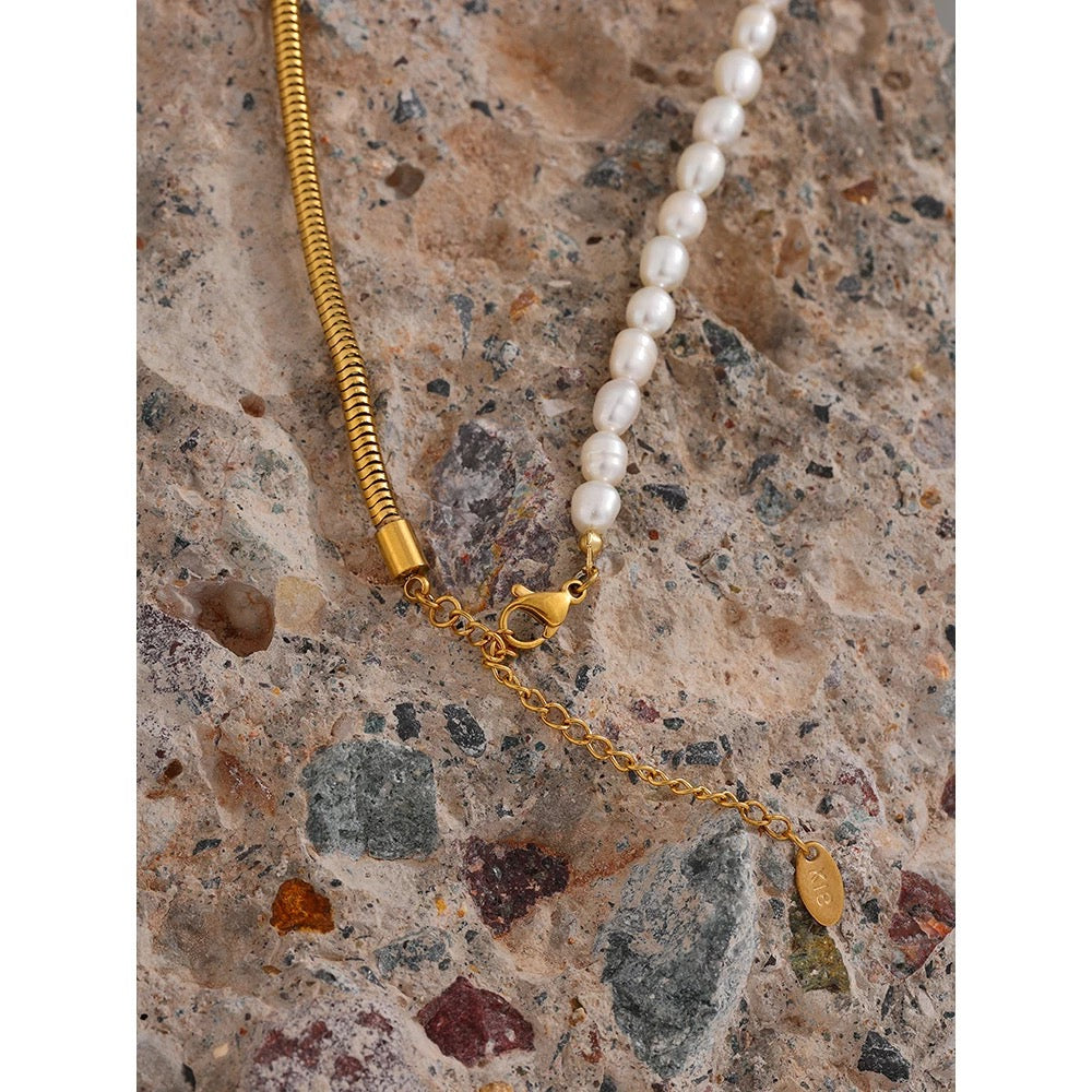 
                  
                    Pearl & Gold Snake Chain Necklaces at Boho & Mala
                  
                