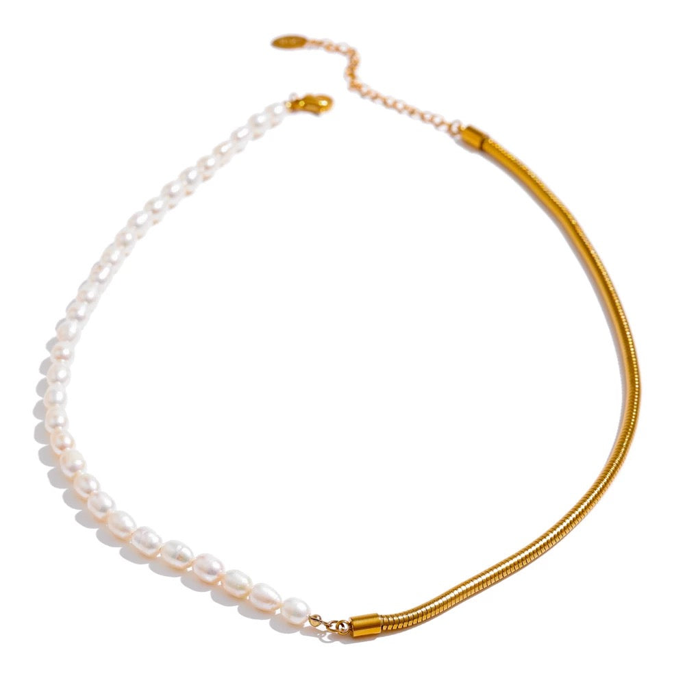 Freshwater Pearl & Gold Snake Chain Necklace | Boho & Mala