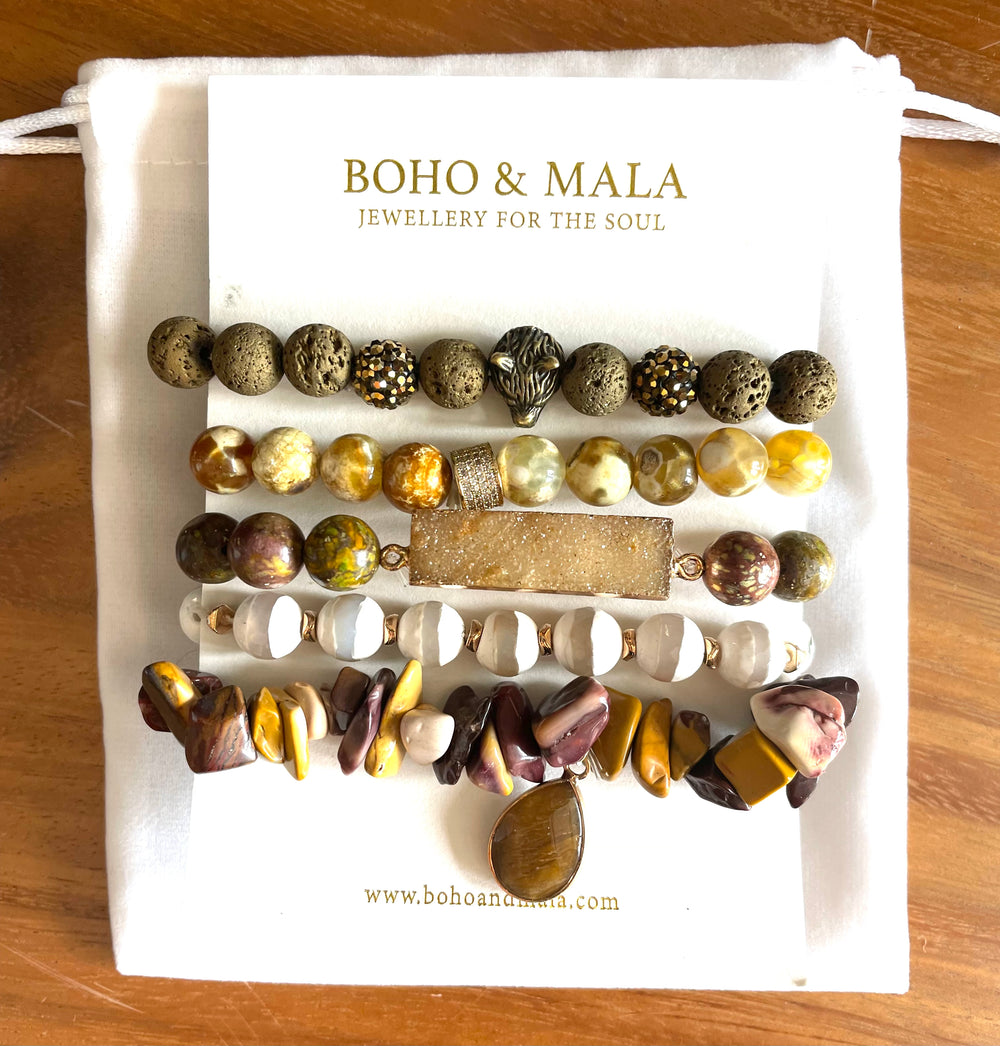 Boho & Mala Brown Mix Stone Elastic Bracelet Stackable Sets