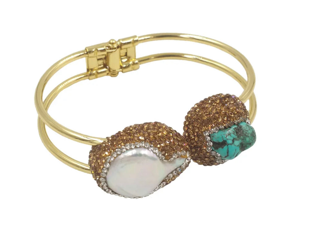 Boho & Mala Grand Pearl & Crystal Gold Cuff Bracelet