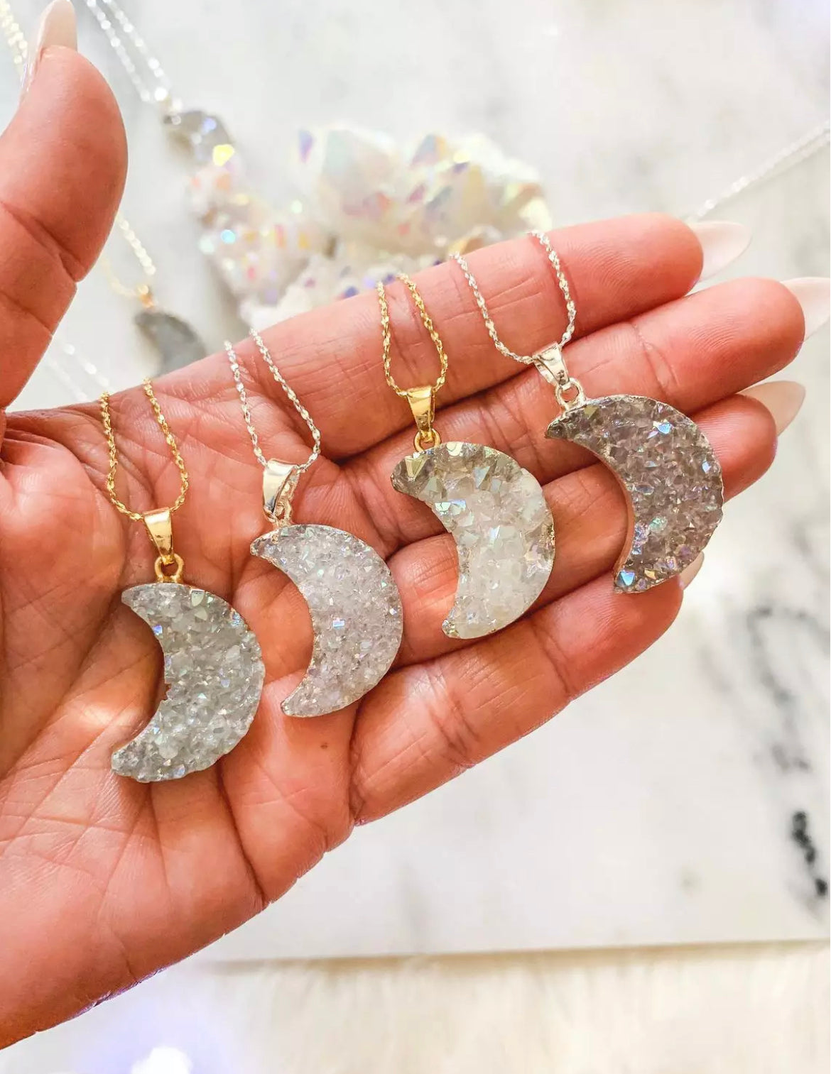 
                  
                    Druzy Moon Necklace - Gold Plated or Sterling Silver | Boho & Mala
                  
                