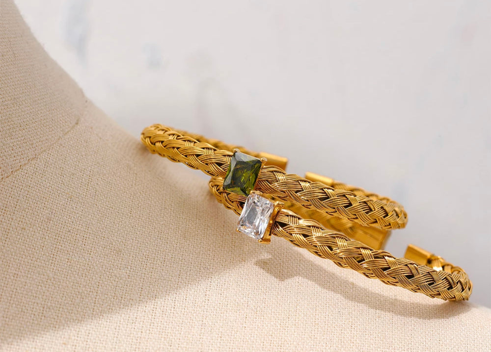 
                  
                    Peridot Green Stone Gold Plated Cuff Bracelet at Boho & Mala
                  
                