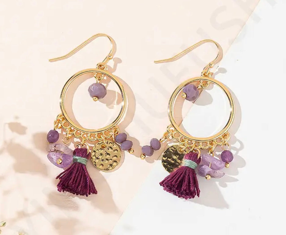 Boho & Mala Purple Crystal Tassel Drop Light Earrings