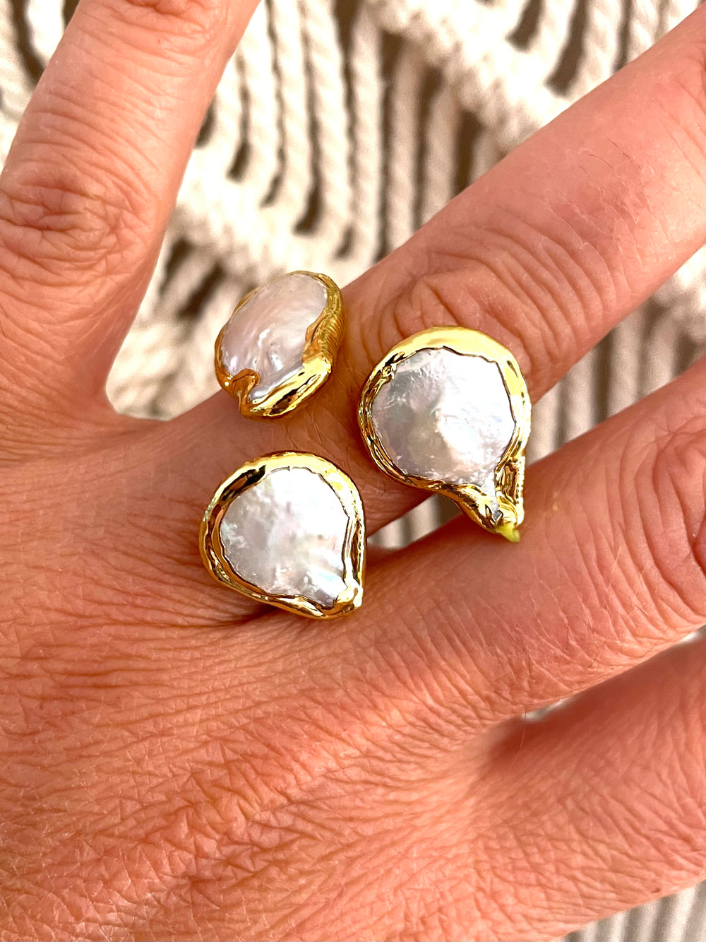 Boho & Mala Grand Triple Freshwater Pearl Wrap Gold Ring (adjustable) R1005