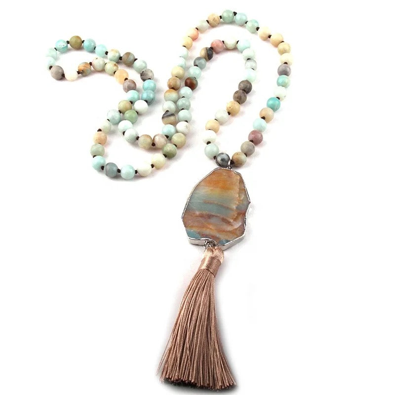 
                  
                    Boho & Mala Natural Tribal Round Blue Amazonite Stone Tassel Necklace TN10025
                  
                