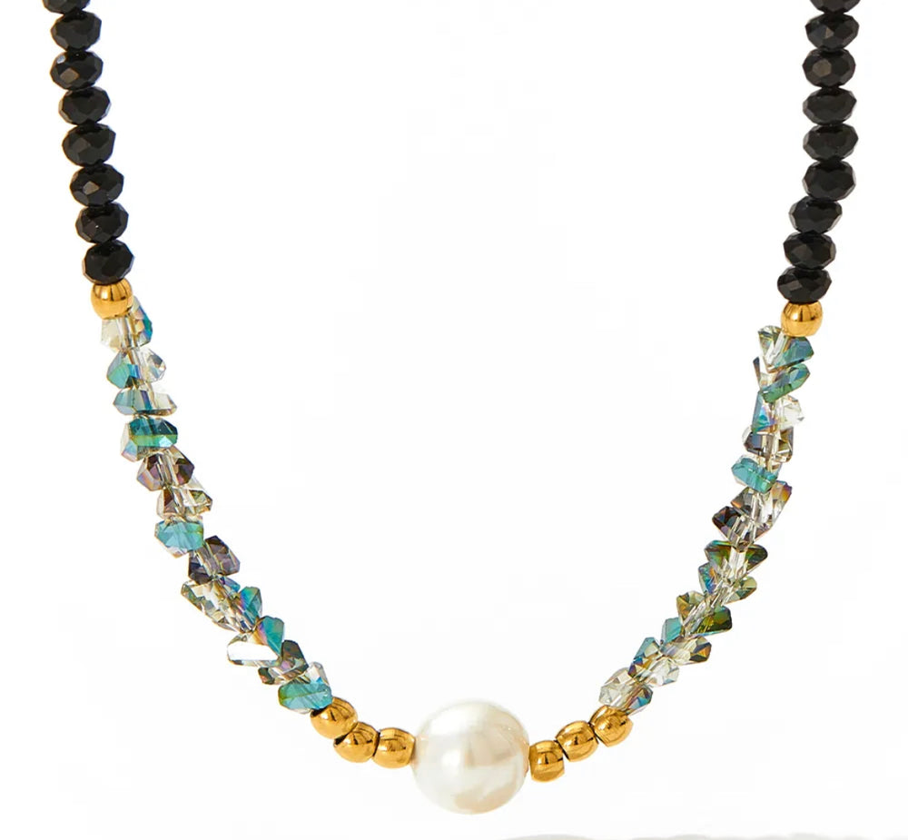 Boho & Mala Silver Pearl & Crystal Necklace