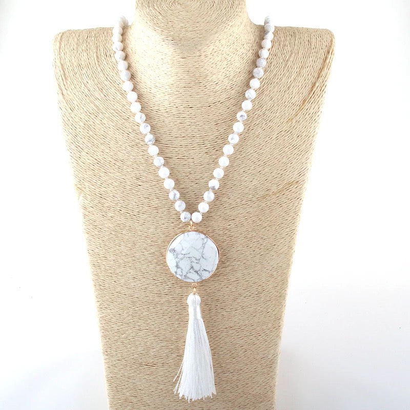 
                  
                    White Howlite Tassel Necklace at Boho & Mala
                  
                