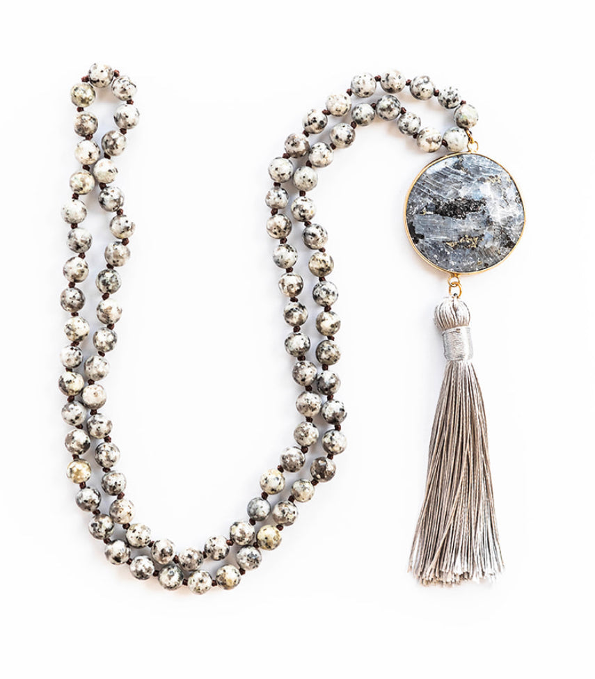 Boho & Mala Natural Tribal Round Grey Stone Tassel Necklace TN100105