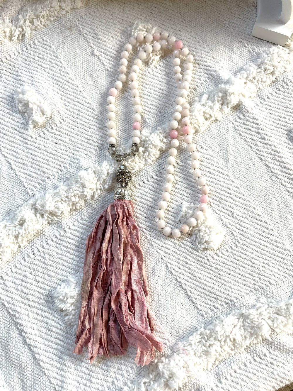 Tassel Necklaces for Women - Soft Pink Stone Silk Tassel | Boho & Mala