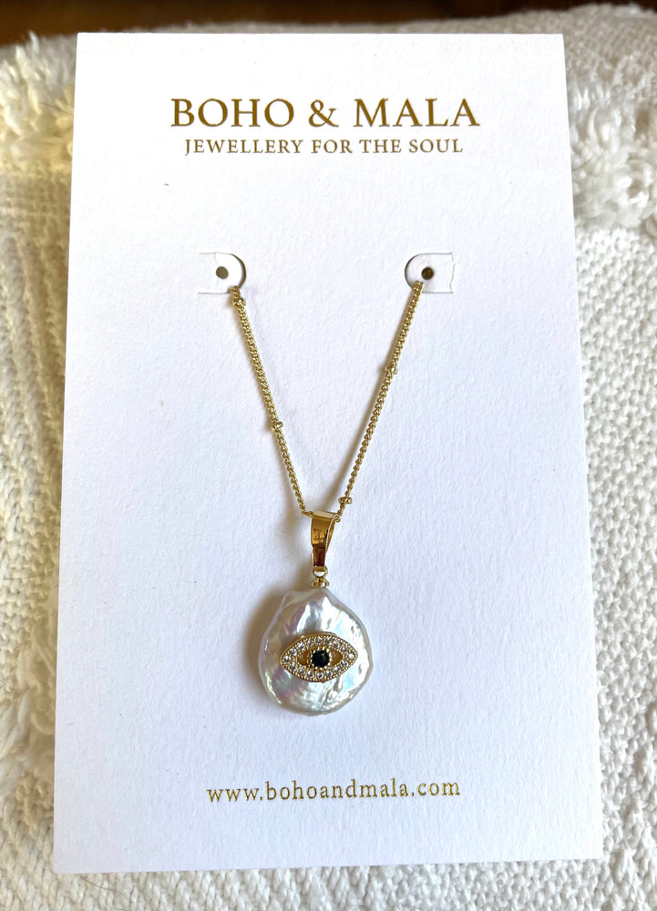 
                  
                    Freshwater Pearl Evil Eye Necklace | Boho & Mala
                  
                