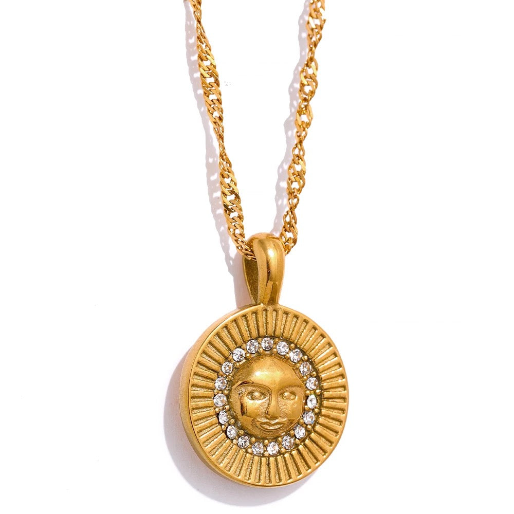 18K Gold Plated & Stainless Steel Sun Pendant Necklace at Boho & Mala