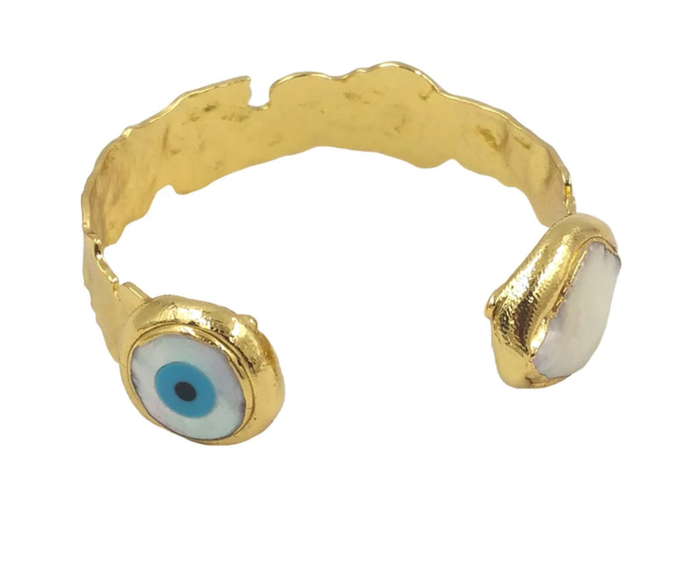 Boho & Mala Freshwater Pearl Evil Eye Gold Cuff Bracelet DCB1004