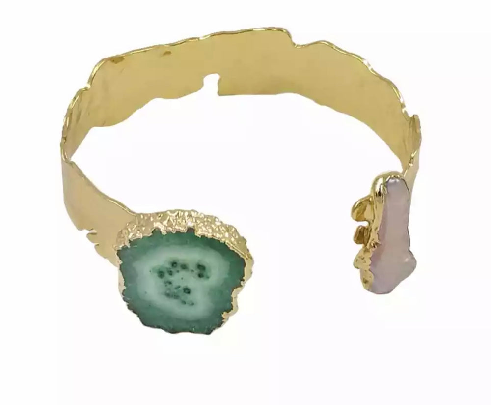 Boho & Mala Green Solar Quartz & Freshwater Pearl Cuff Bracelet 