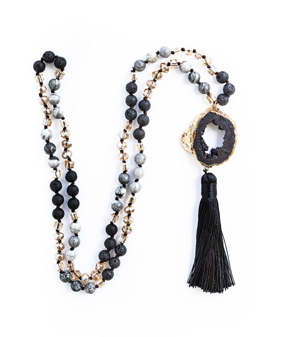 Boho & Mala Black Tribal Agate Slice Tassel Necklace (Black) TN1001