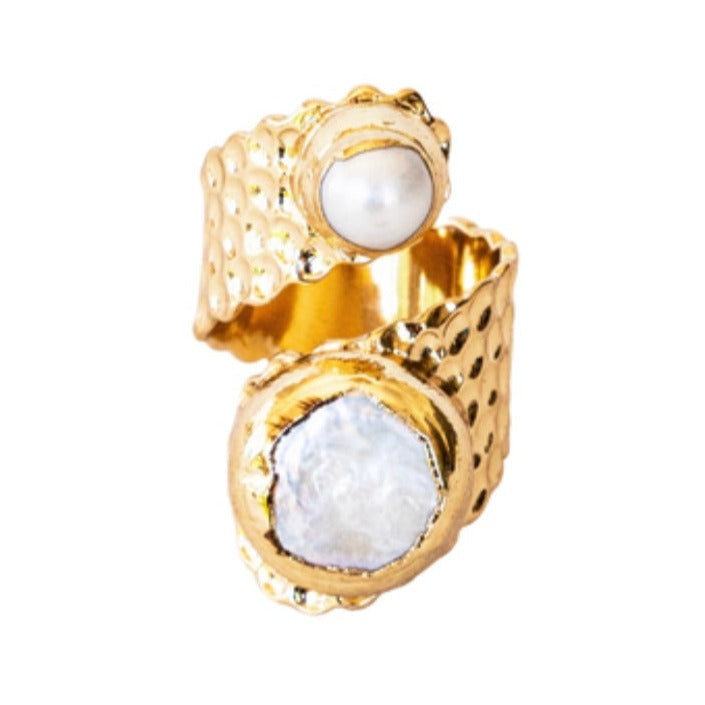Grand Double Freshwater Pearl Wrap Gold Ring | Boho & Mala