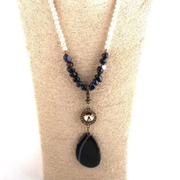 Boho & Mala Natural Black Stone Tribal Round Necklace
