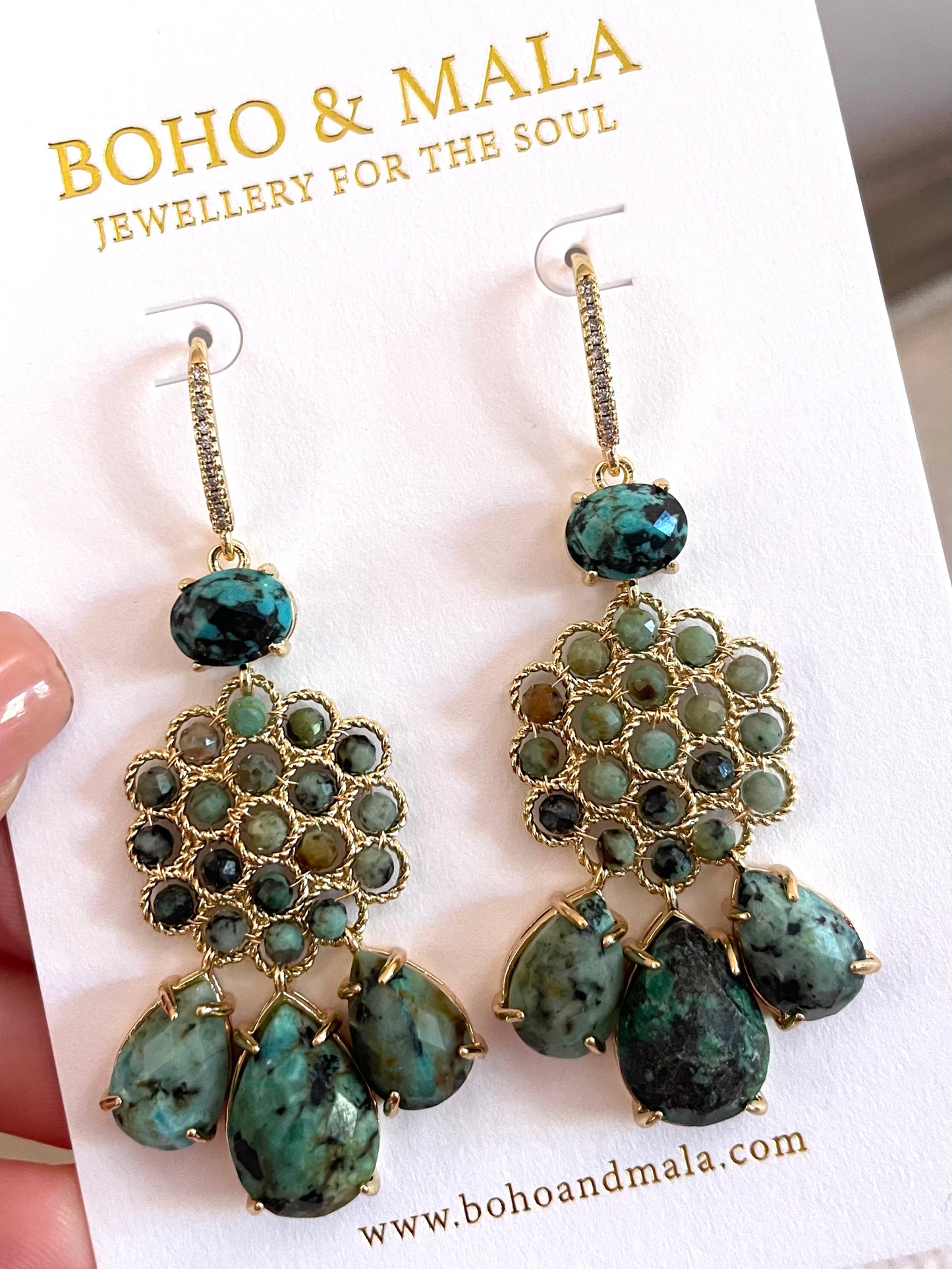 
                  
                    Boho & Mala Green Tassel Stone Drop Earrings
                  
                