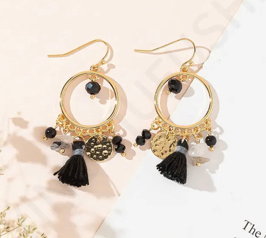 Boho & Mala Black Crystal Tassel Drop Light Earrings