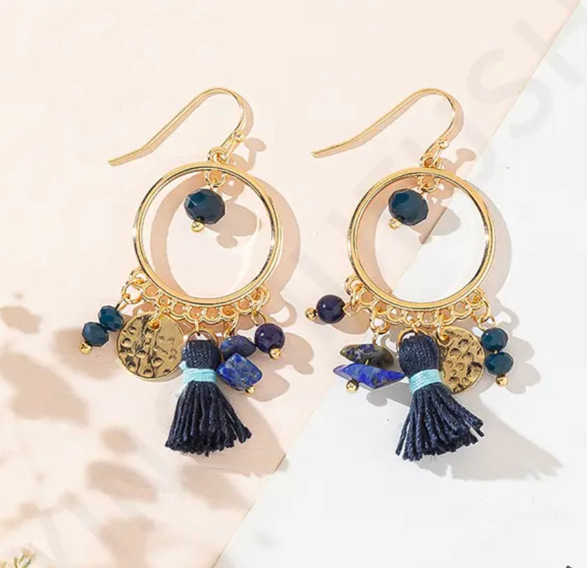 Boho & Mala Dark Blue Crystal Tassel Drop Light Earrings
