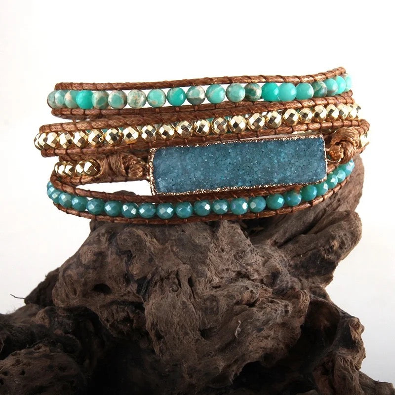 Boho & Mala Blue Druzy Stone 3 Wrap Bracelet